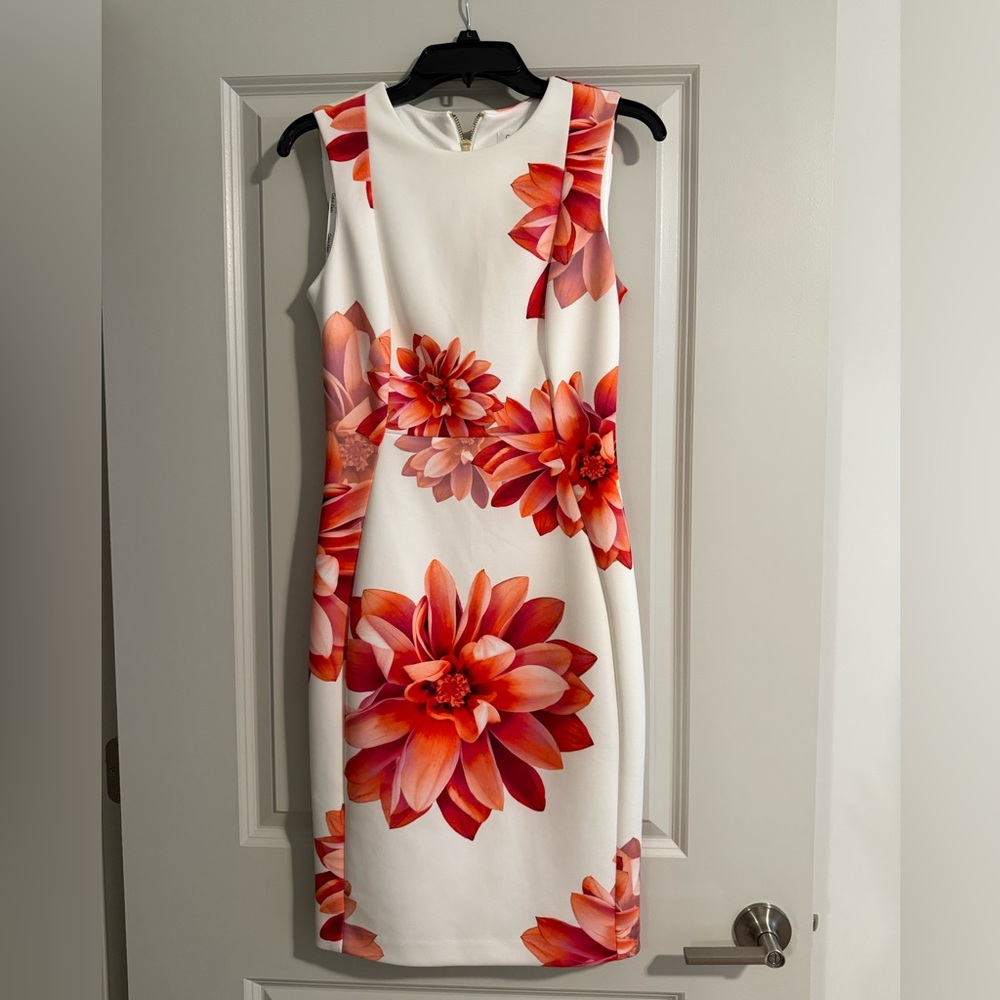 Calvin Klein Collection White and Red Floral Midi Dress